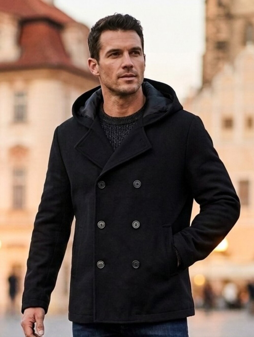 American Rag Mens Black Double-Breasted Hooded Peacoat Jacket Size XL